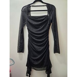 Black Sparkle Mesh Long Sleeve Mini Dress Ruched Bodycon‎ Party